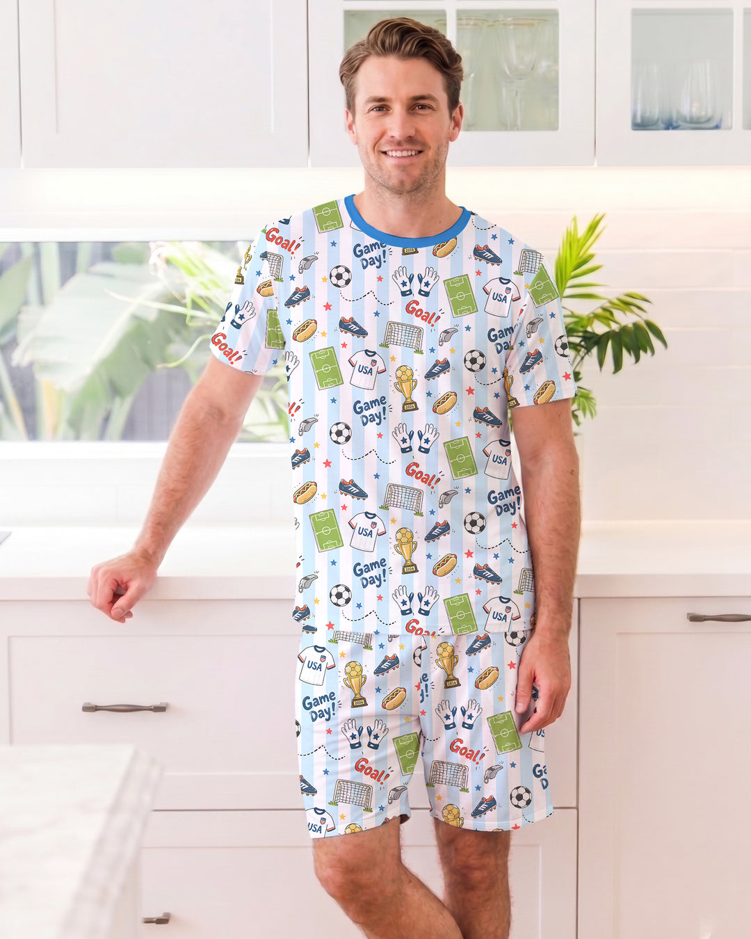 Striped Soccer Game Day Family Matching Bamboo Men Short Sleeve Short Pajama Set