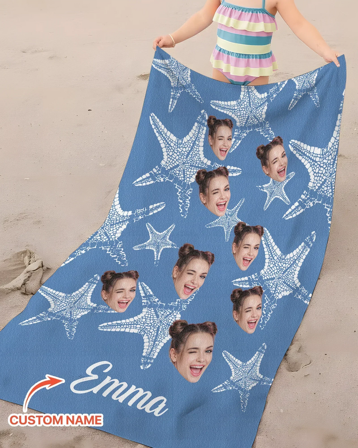 Custom Photo Starfish With Names Bamboo Beach Towel