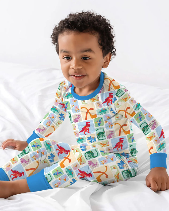 Pijama de dos piezas de bambú de manga larga Rainbow Dino Friends a juego para toda la familia