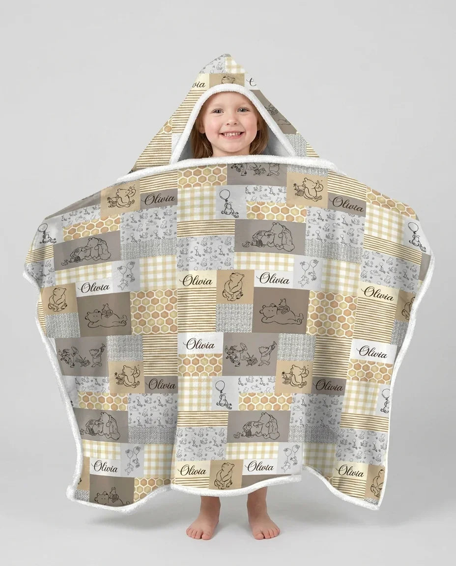 Personalized Classic Bear Patchwork  Bamboo Wearable Hooded Blanket
