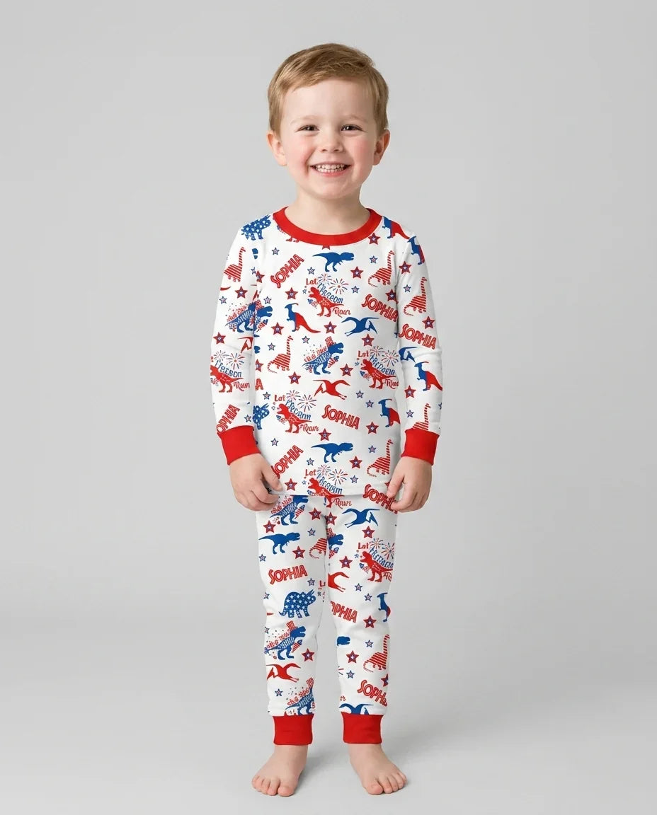 Custom Name Patriotic Dinosaur Bamboo Two Piece Long Sleeve Pajama Set
