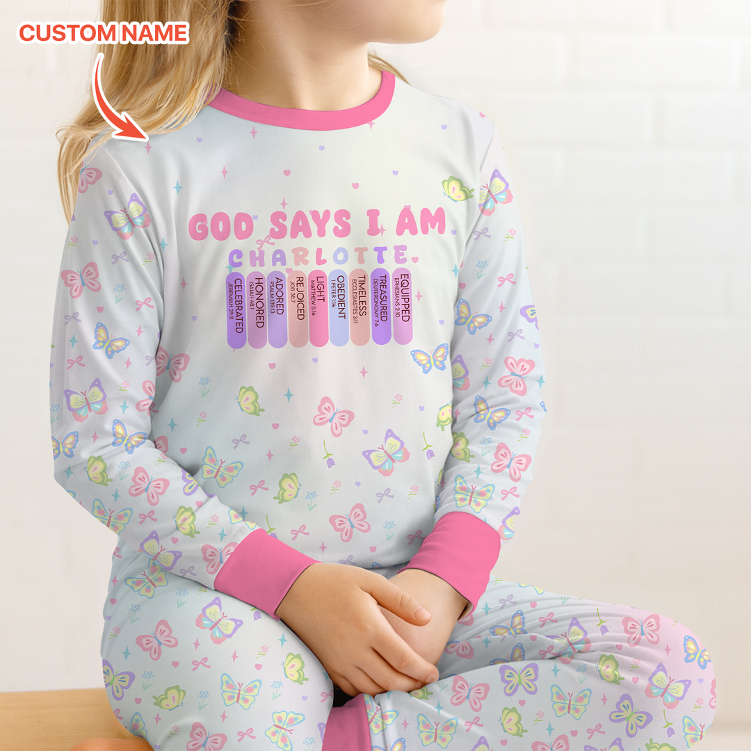 Personalized Butterfly Blessings God Says I Am Two Piece Long Sleeve Pajama Set