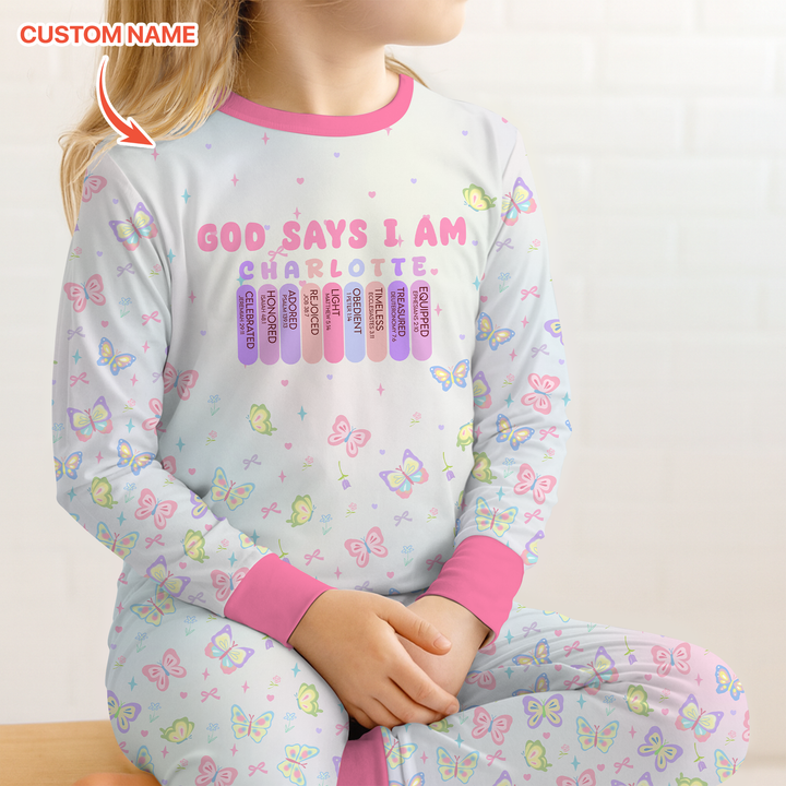 Personalized Butterfly Blessings God Says I Am Two Piece Long Sleeve Pajama Set