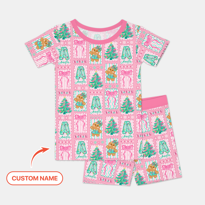 Custom Name "Merry Pink Christmas" Two Piece Short Sleeve Shorts Pajama Set