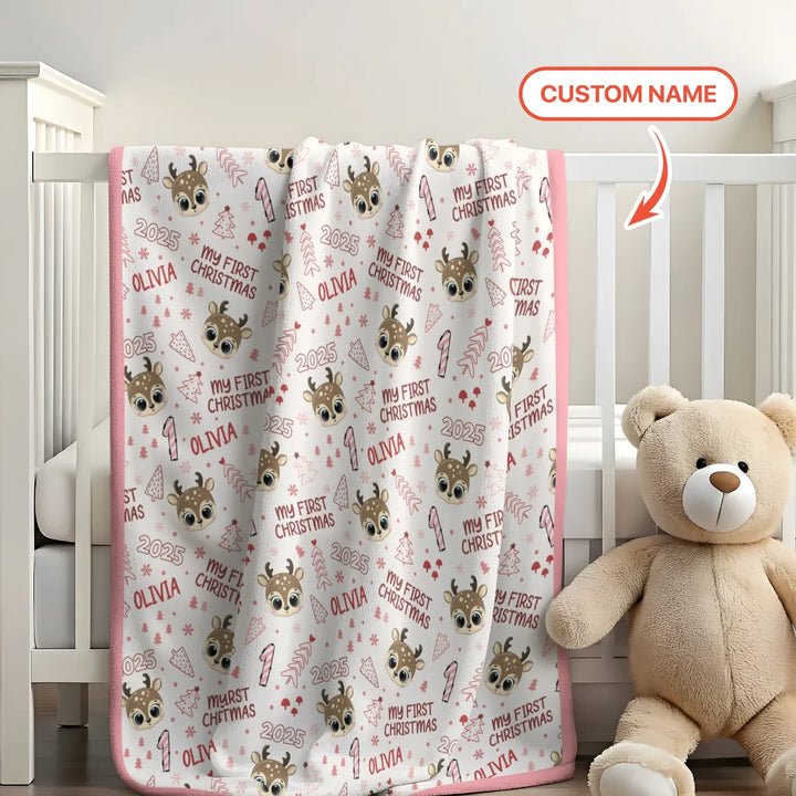 Custom Name Cute Reindeer My First Christmas Baby Blanket