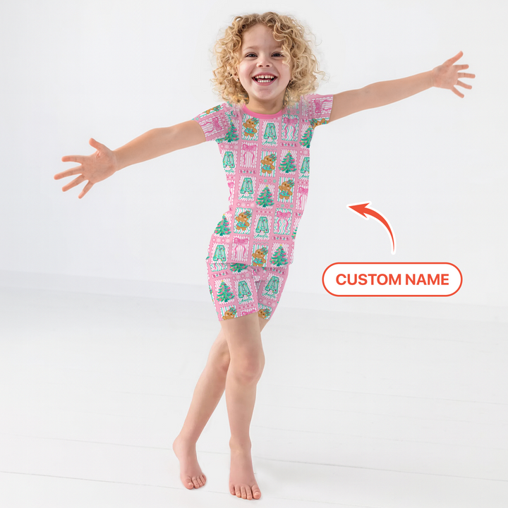 Custom Name "Merry Pink Christmas" Two Piece Short Sleeve Shorts Pajama Set