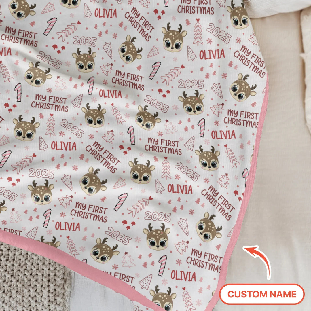 Custom Name Cute Reindeer My First Christmas Baby Blanket