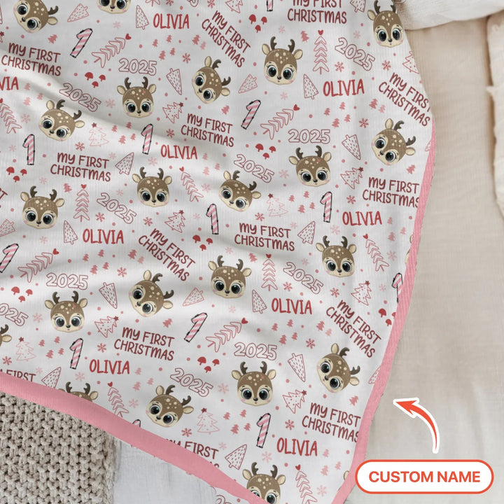 Custom Name Cute Reindeer My First Christmas Baby Blanket
