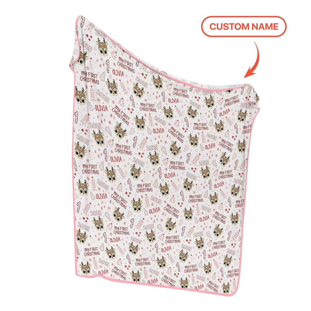 Custom Name Cute Reindeer My First Christmas Baby Blanket