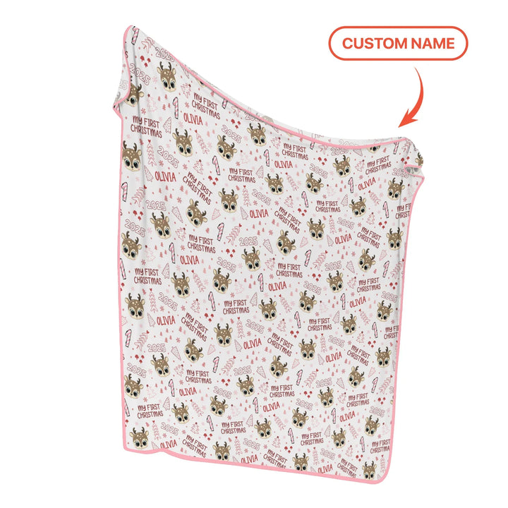 Custom Name Cute Reindeer My First Christmas Baby Blanket