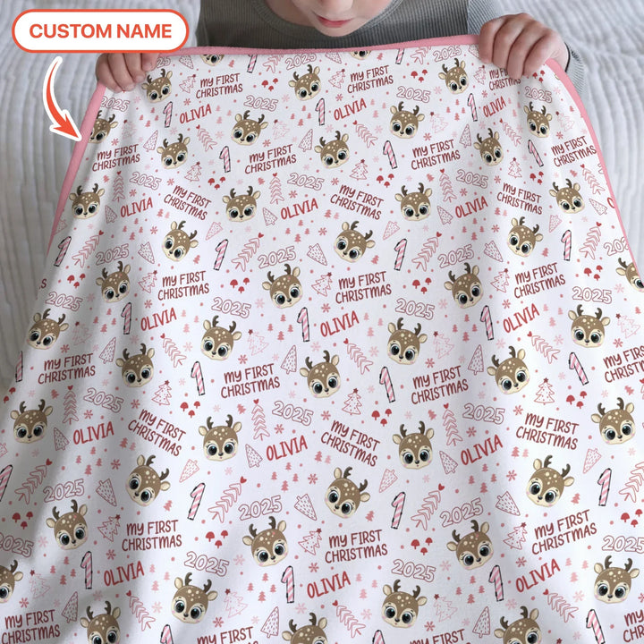 Custom Name Cute Reindeer My First Christmas Baby Blanket