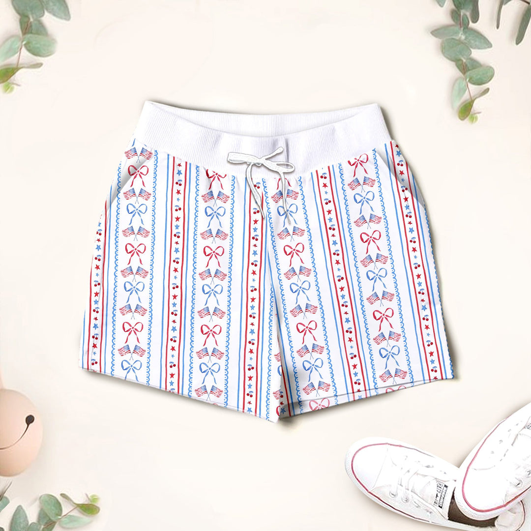 Bow and Flag Two Piece Short Sleeve Shorts Pajama Set
