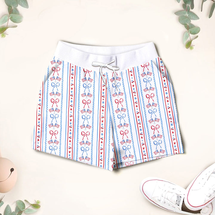 Bow and Flag Two Piece Short Sleeve Shorts Pajama Set