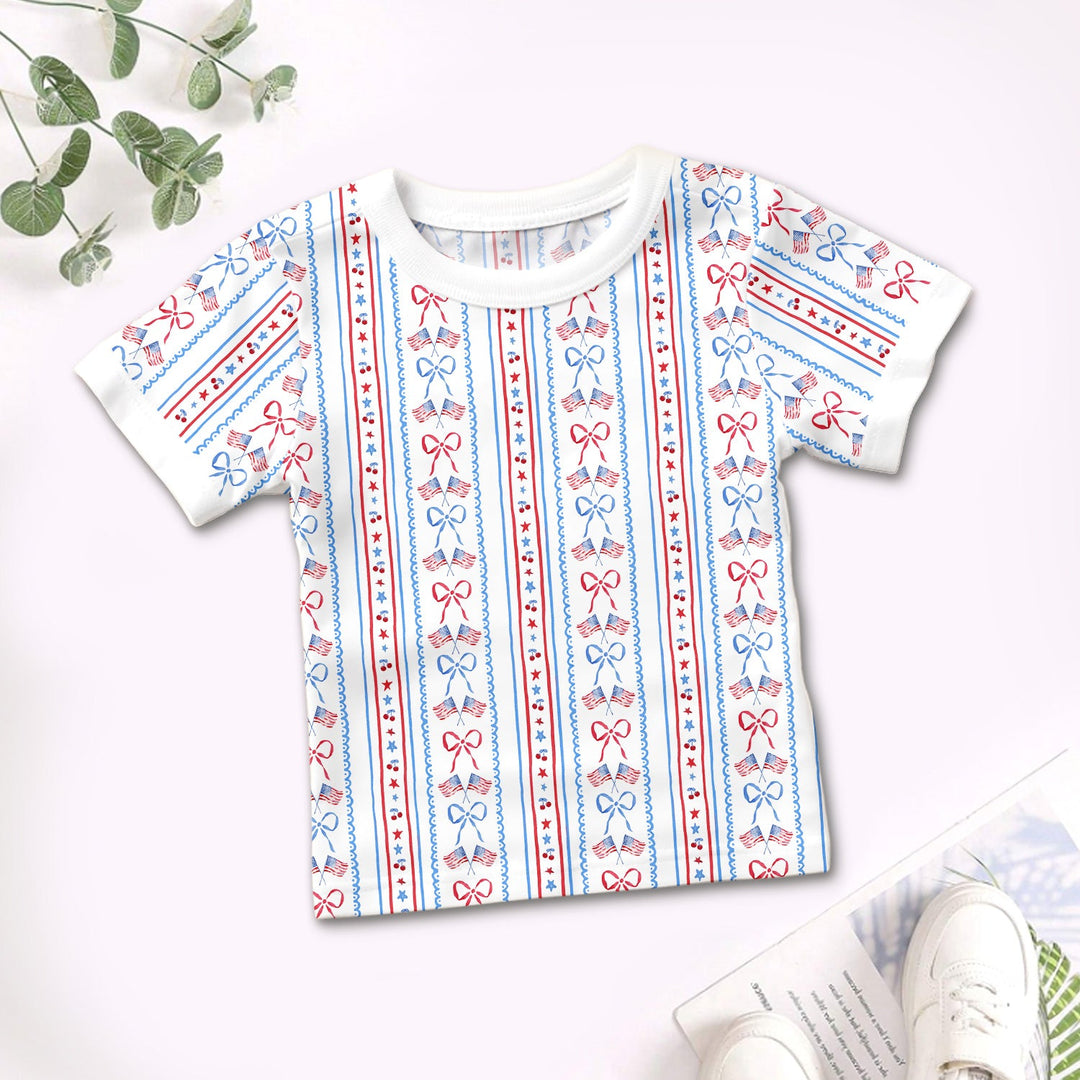 Bow and Flag Two Piece Short Sleeve Shorts Pajama Set