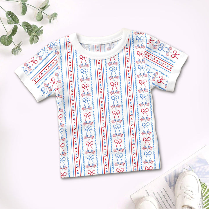 Bow and Flag Two Piece Short Sleeve Shorts Pajama Set