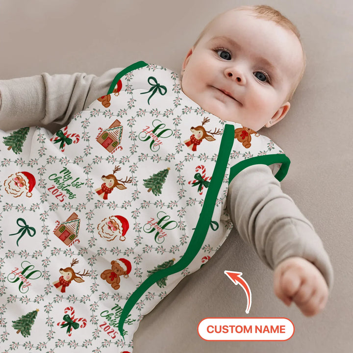 Custom name "Fancy Monogram Green Christmas 2025" Sleep Bag