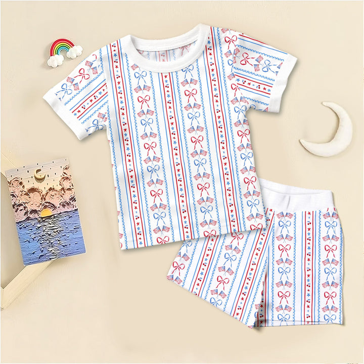 Bow and Flag Two Piece Short Sleeve Shorts Pajama Set