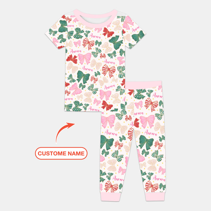 Custom Name Preppy Coquette Bows Two Piece Short Sleeve Pajama Set