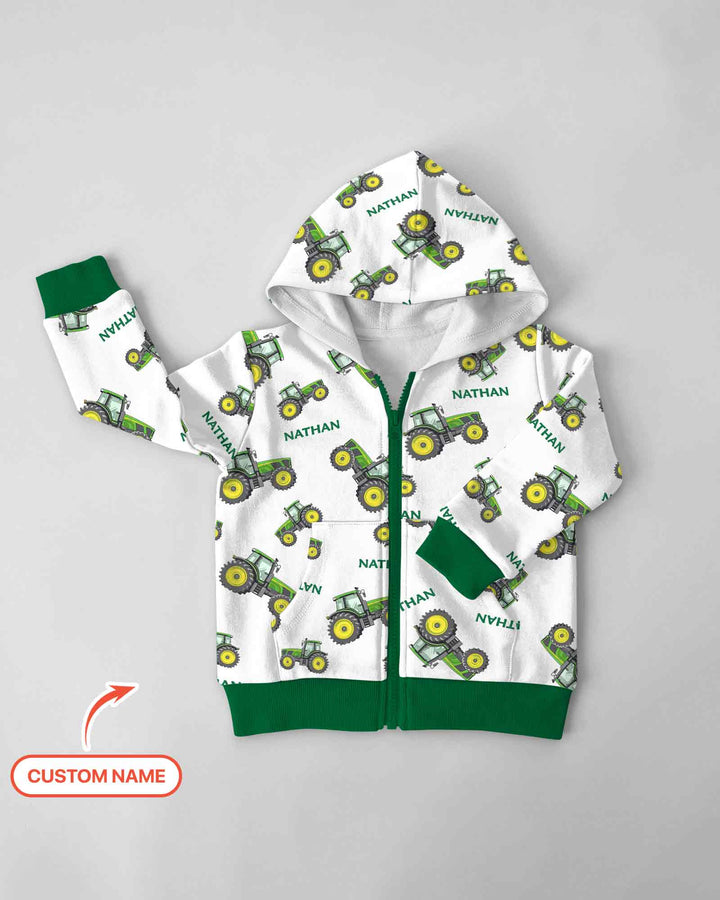 Custom Name Green Tractors Matching Daddy & Me Bamboo Zip Hoodie