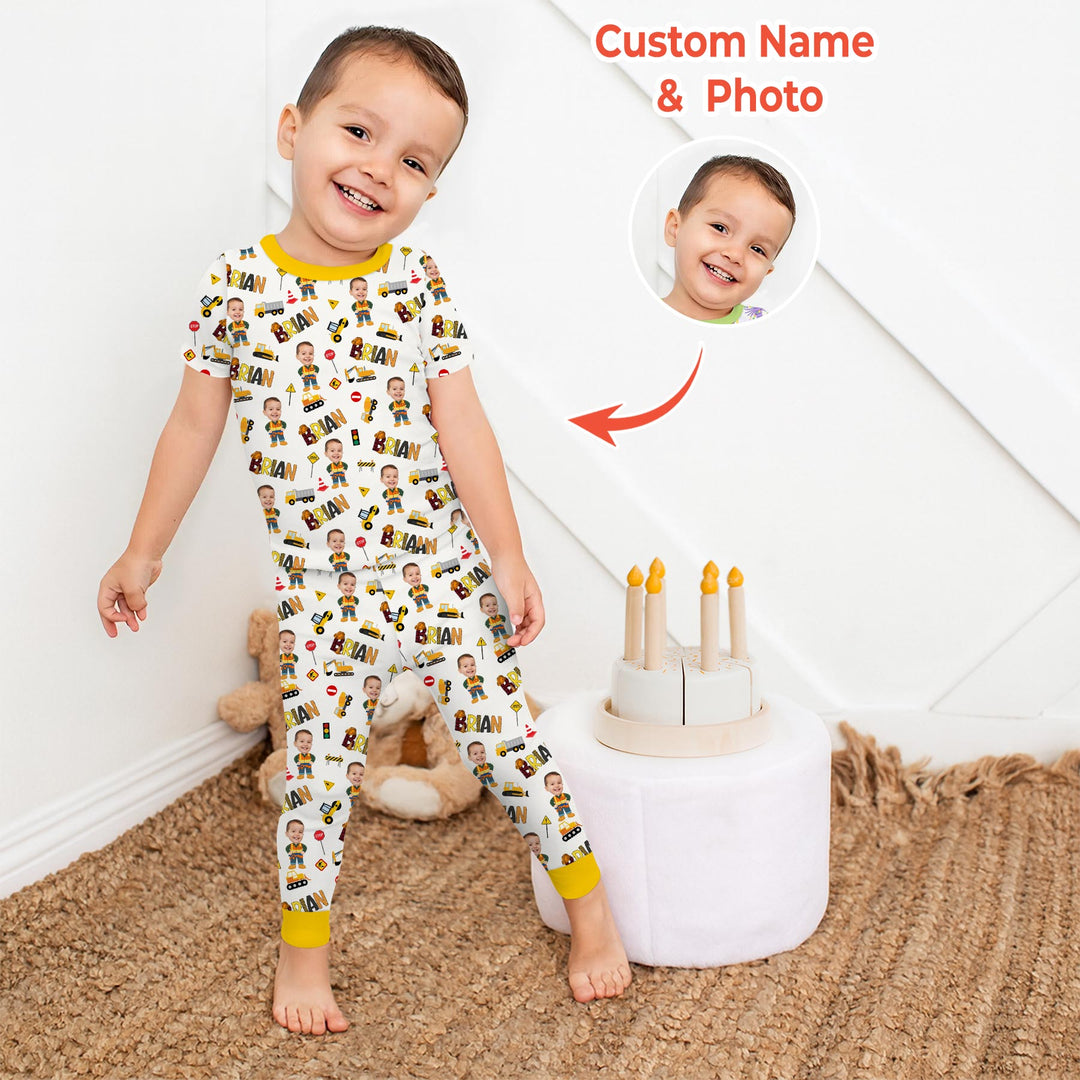 Custom Photo Doodle Little Builder Two Piece Short Sleeve Pajama Set