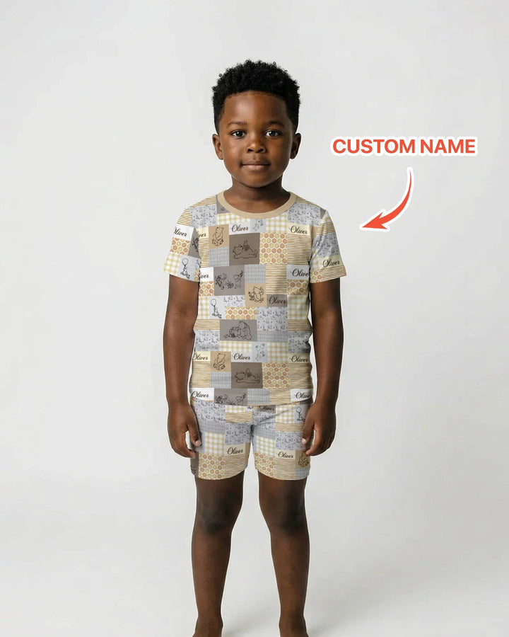 Personalized Classic Bear Patchwork  Bamboo Two Piece Short Sleeve Shorts Pajama Set