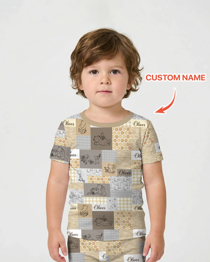 Personalized Classic Bear Patchwork  Bamboo Two Piece Short Sleeve Shorts Pajama Set
