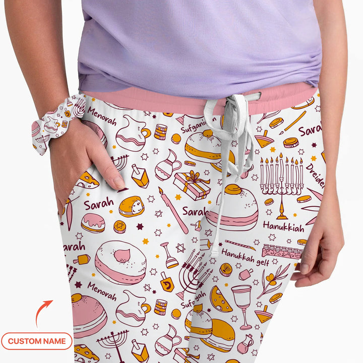 Happy Hanukkah Doodles Custom Name Family Matching Women Pajama Set