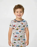 Conjunto de pijama de dos piezas de manga corta de bambú con versículo bíblico y camiones de construcción