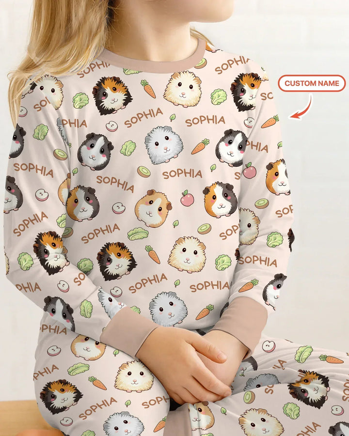 Custom Name Cute Guinea Pigs Bamboo Two Piece Long Sleeve Pajama Set