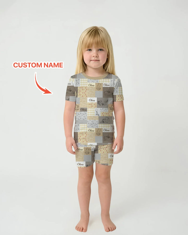 Personalized Classic Bear Patchwork  Bamboo Two Piece Short Sleeve Shorts Pajama Set