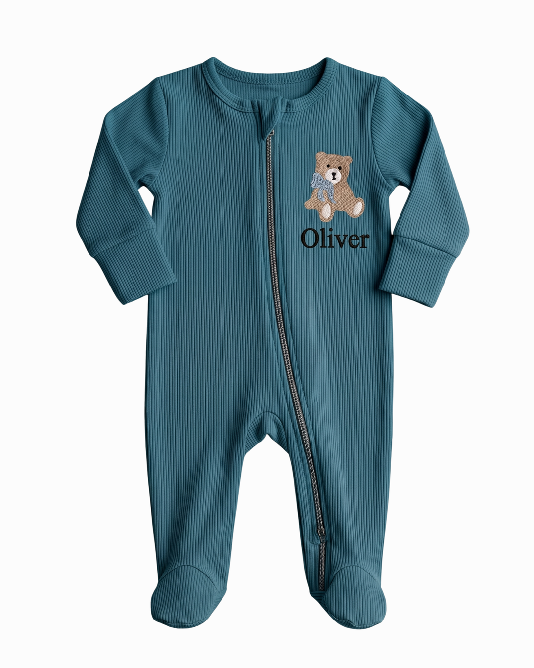 Teddy Bear Embroidered Name Ribbed Bamboo Zipper Footie