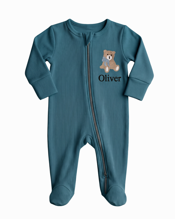 Teddy Bear Embroidered Name Ribbed Bamboo Zipper Footie