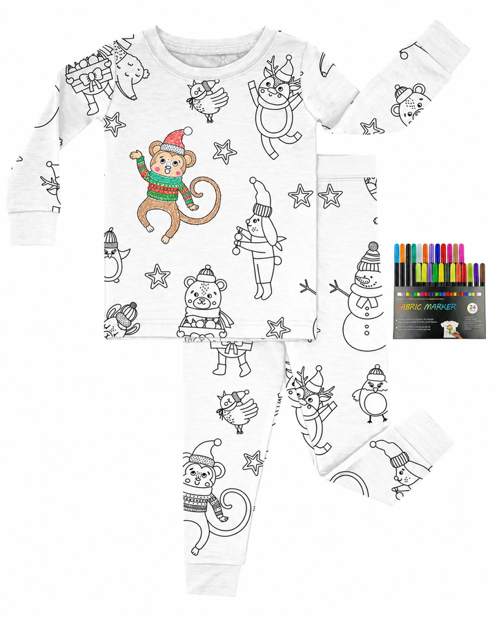 Weihnachtliches ausmalbares zweiteiliges Bambus-Schlafanzug-Set