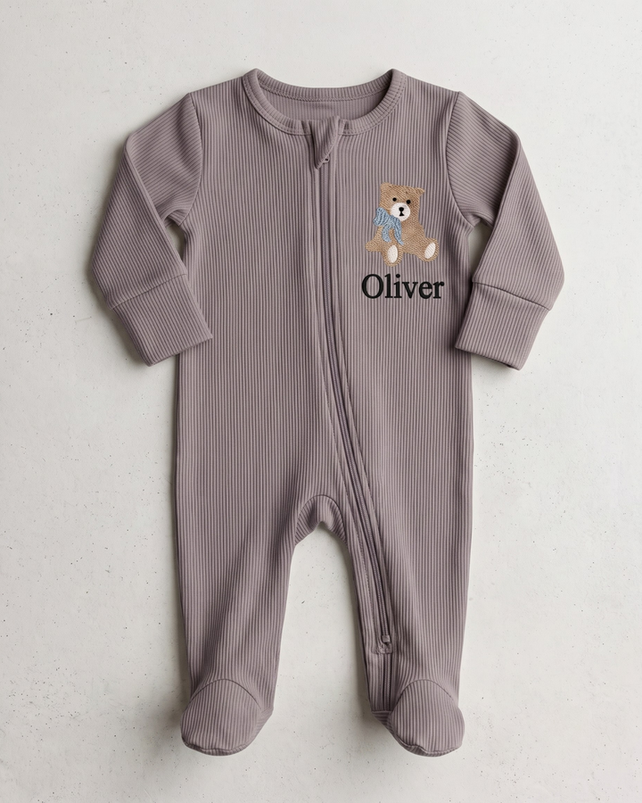 Teddy Bear Embroidered Name Ribbed Bamboo Zipper Footie