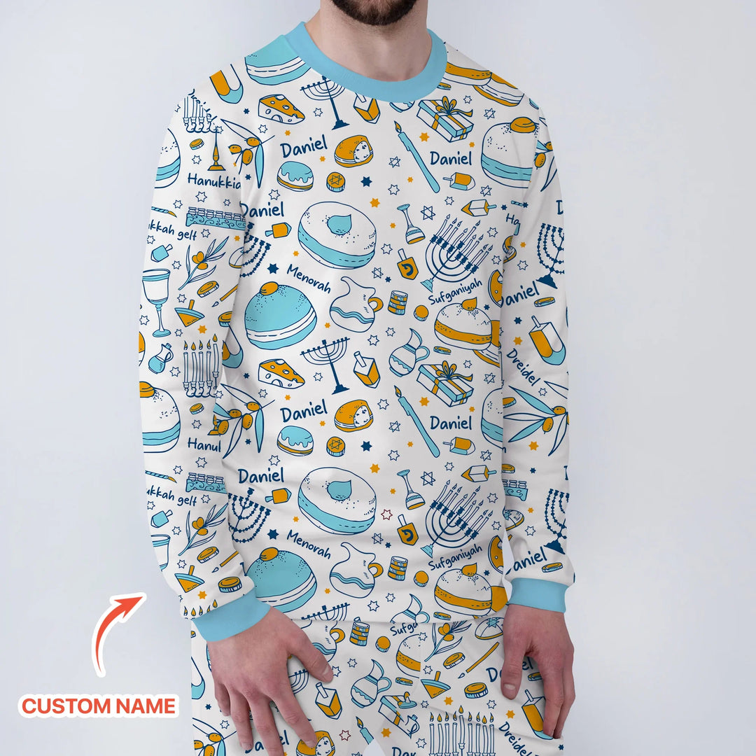 Happy Hanukkah Doodles Custom Name Family Matching Men's Pajama Set