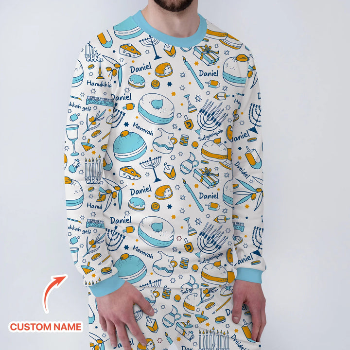 Happy Hanukkah Doodles Custom Name Family Matching Men's Pajama Set