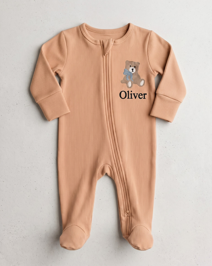 Teddy Bear Embroidered Name Ribbed Bamboo Zipper Footie