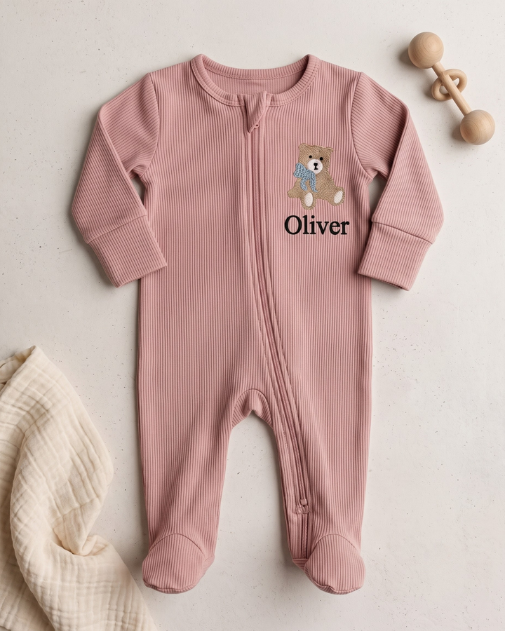 Teddy Bear Embroidered Name Ribbed Bamboo Zipper Footie