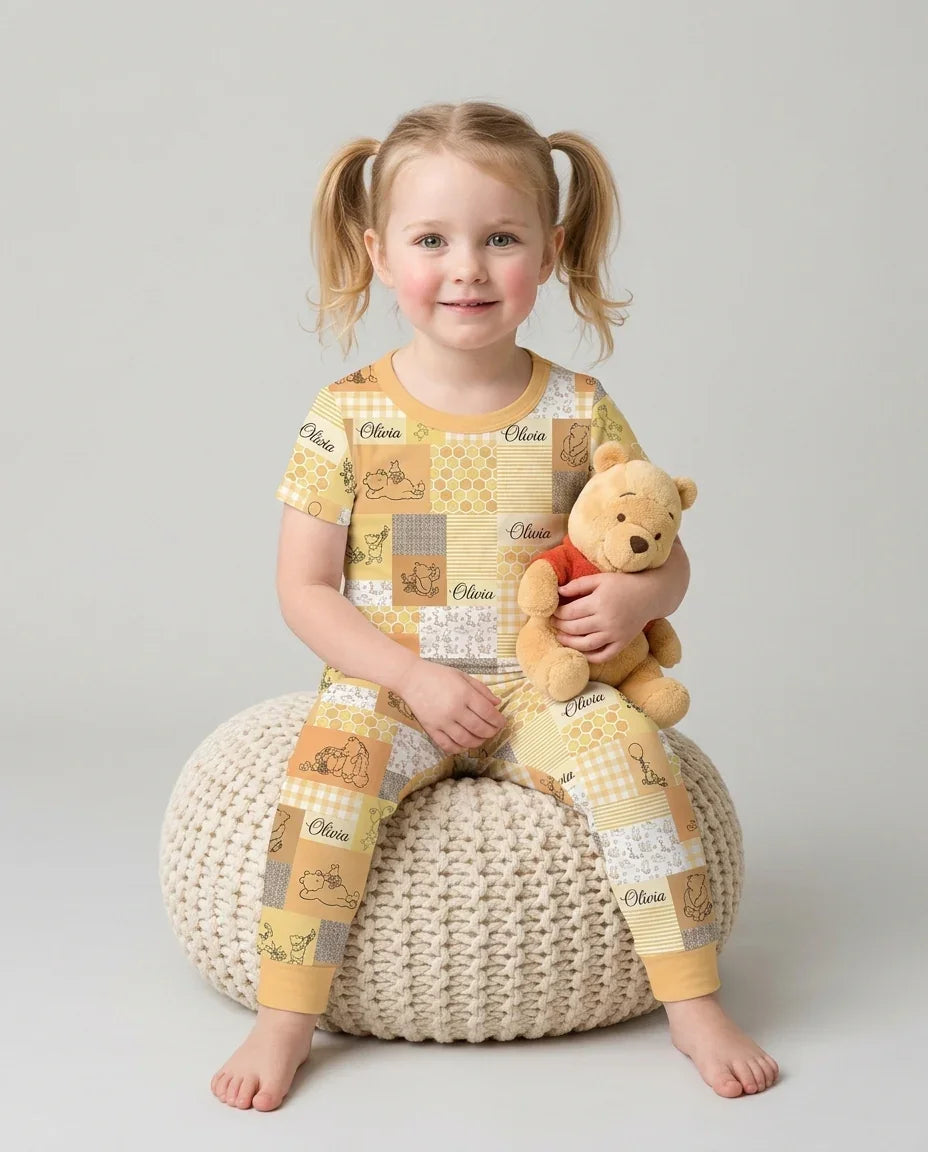 Personalized Classic Bear Patchwork  Bamboo Two Piece Short Sleeve Pajama Set