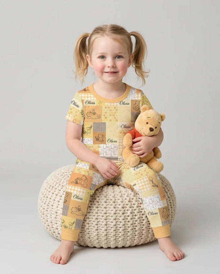 Personalized Classic Bear Patchwork  Bamboo Two Piece Short Sleeve Pajama Set