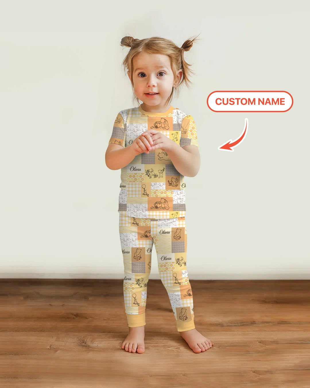 Personalized Classic Bear Patchwork  Bamboo Two Piece Short Sleeve Pajama Set