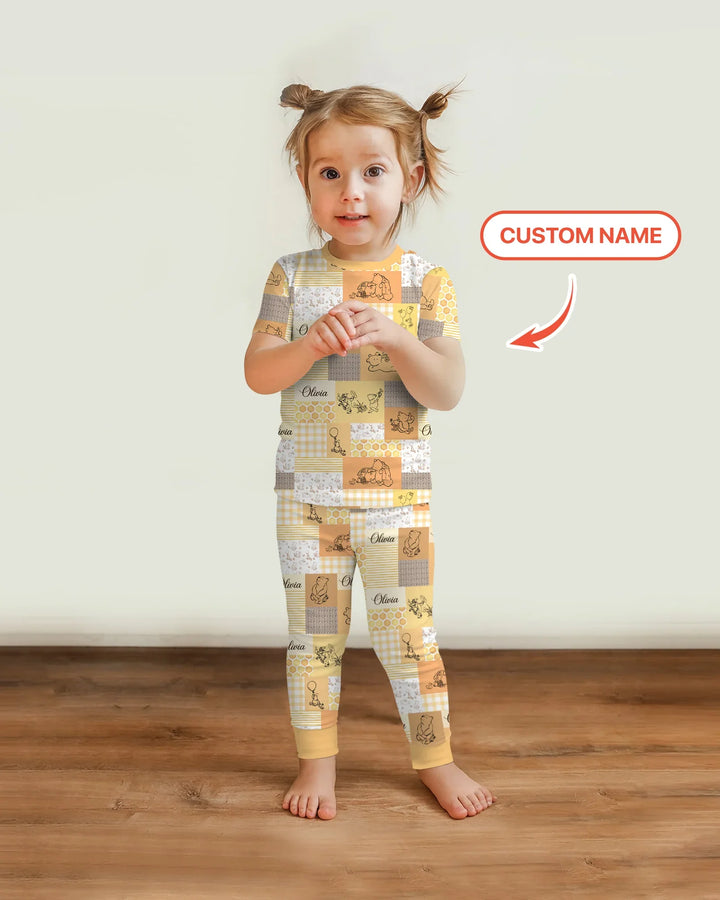 Personalized Classic Bear Patchwork  Bamboo Two Piece Short Sleeve Pajama Set