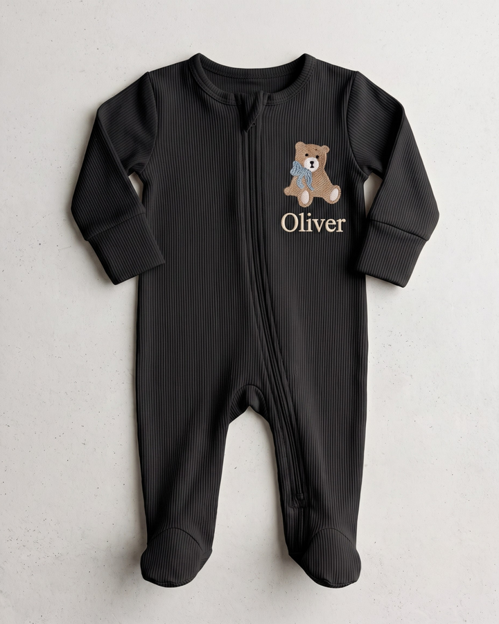Teddy Bear Embroidered Name Ribbed Bamboo Zipper Footie