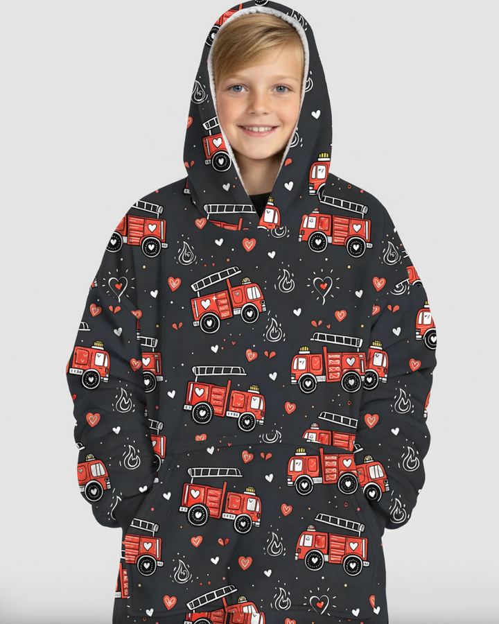 Valentine Fire Trucks Wearable Blanket Hoodie