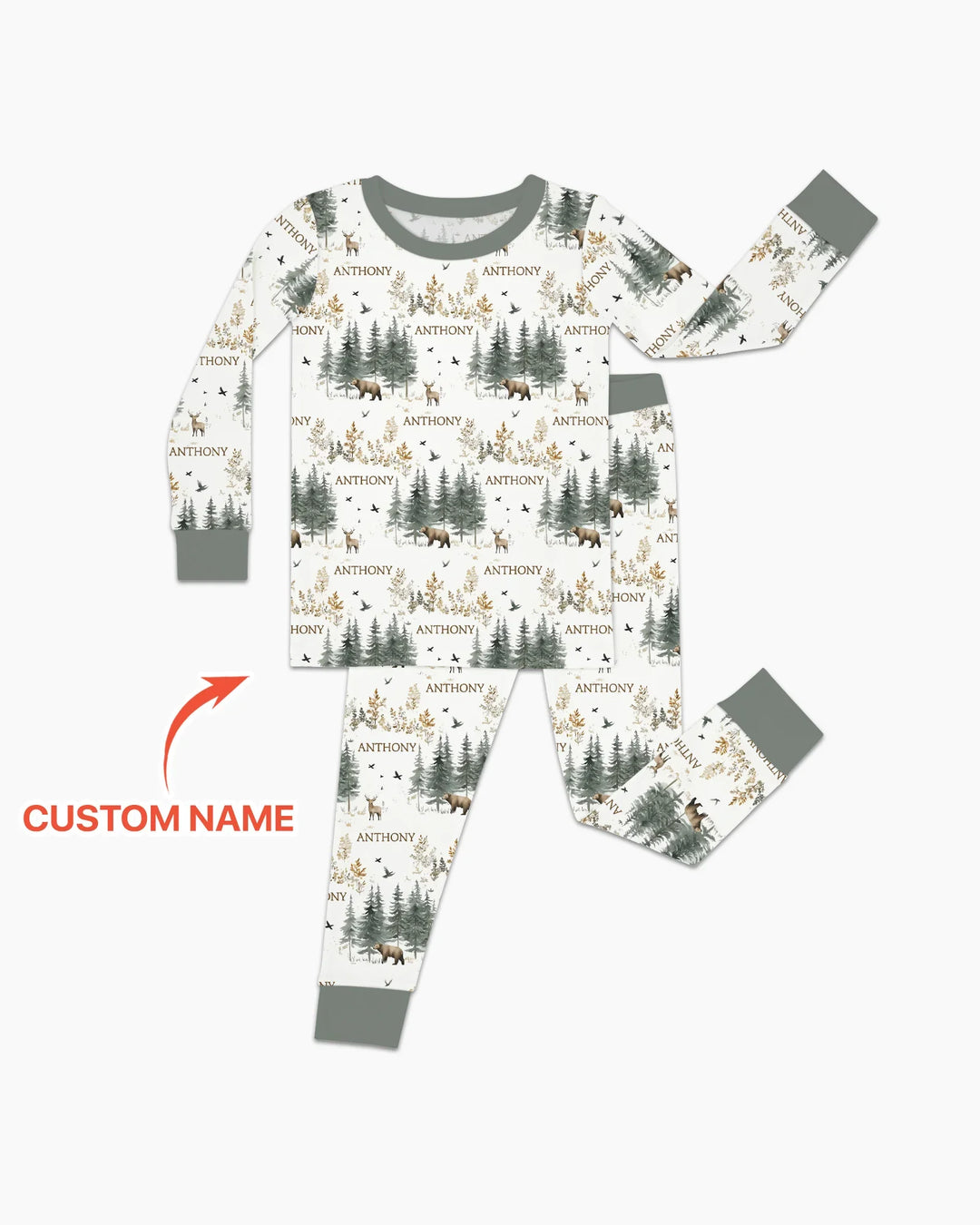 Custom Name Forest Bear Deer Bamboo Two Piece Long Sleeve Pajama Set