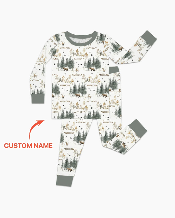 Custom Name Forest Bear Deer Bamboo Two Piece Long Sleeve Pajama Set