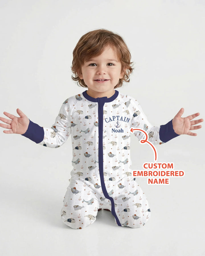 Custom Embroidered Name Little Captain of the Whale Crew Bamboo Convertible Zippy