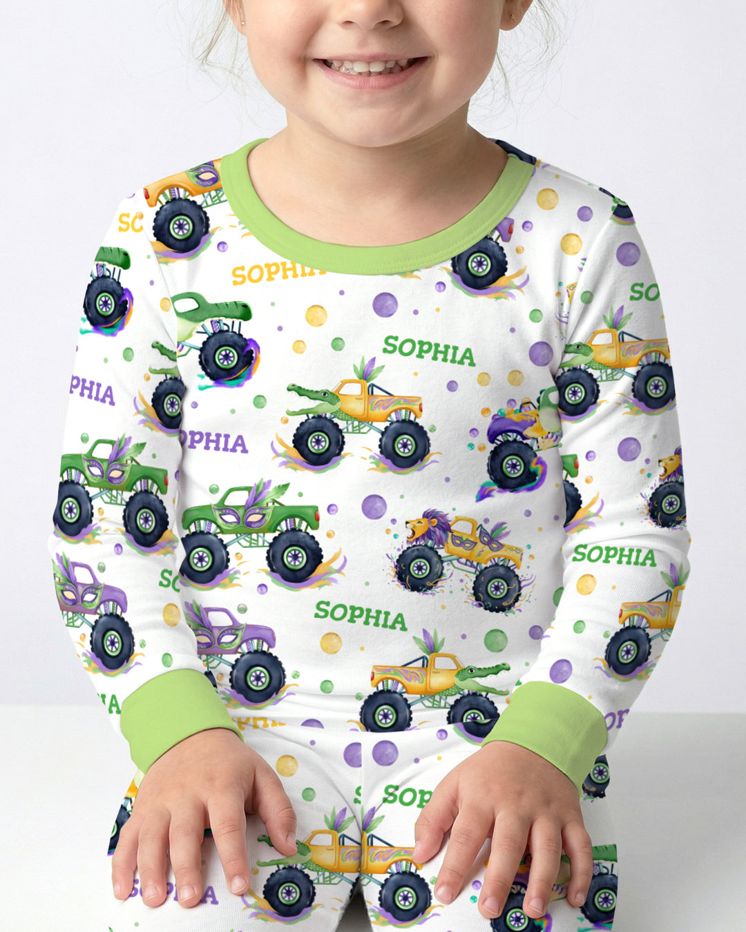 Custom Name Mardi Gras Monster Trucks Two Piece Long Sleeve Pajama Set