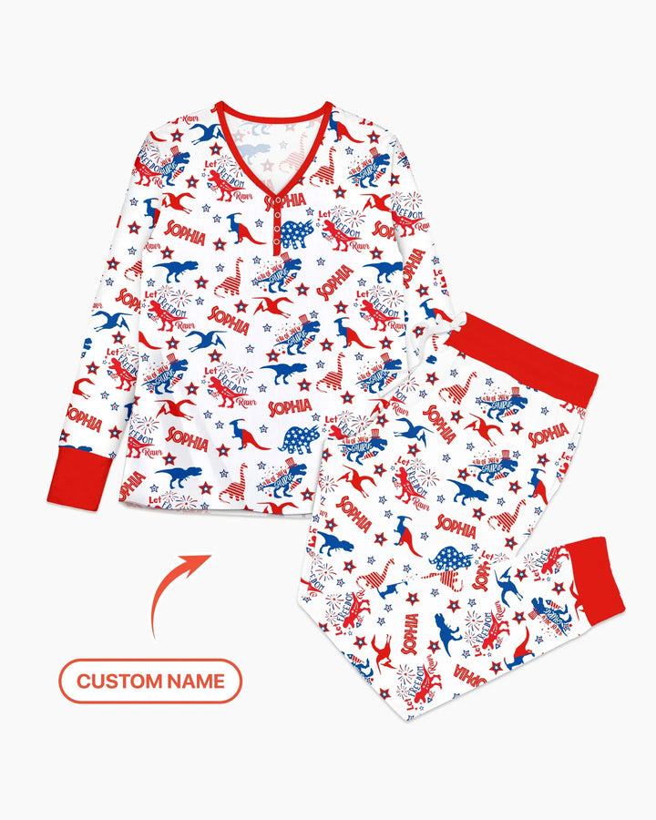 Custom Name Patriotic Dinosaur Bamboo Women Pajama Set