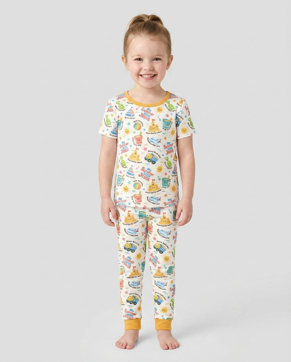 Colorful Summer Beach With Jesus Bamboo Two Piece Short Sleeve Pajama Set